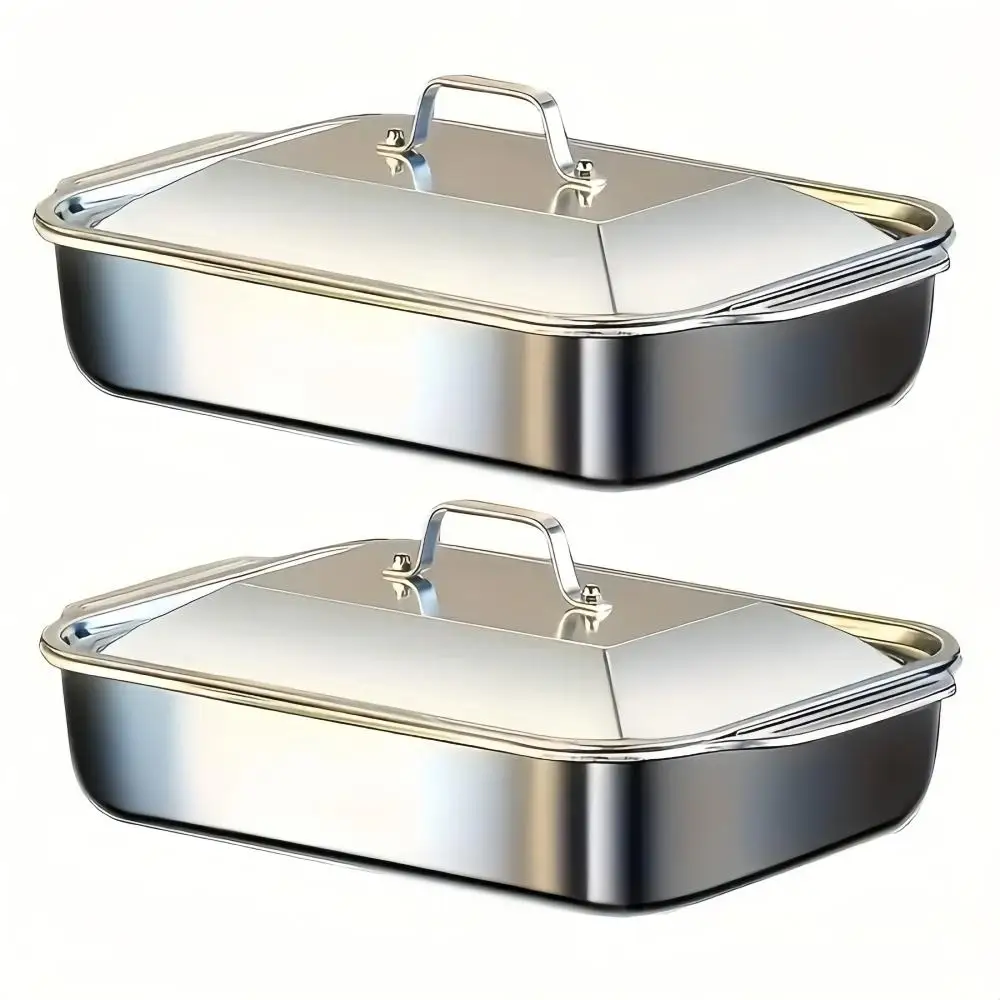 2-Piece Stainless Steel Rectangular Baking Pan Set with Covers Heavy-Duty Multi-Functional for Fish Seafood Barbecue Service And