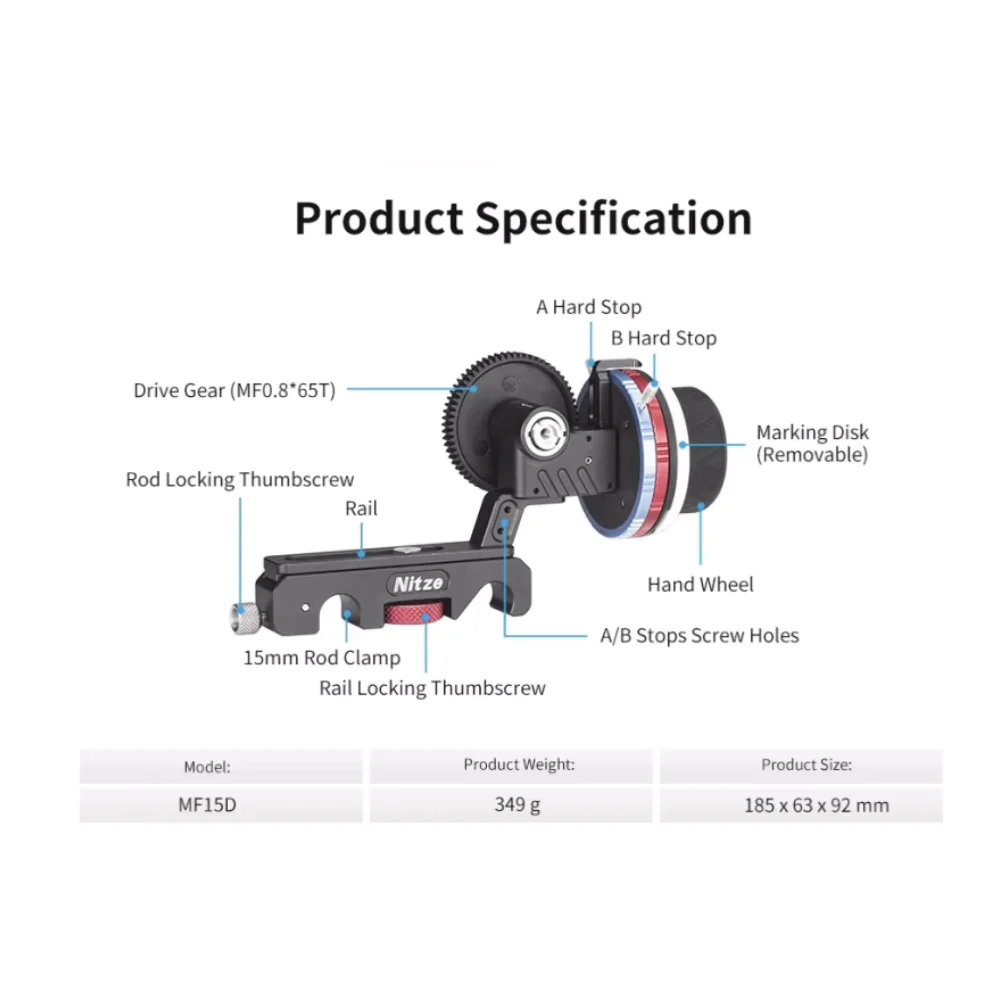 Nitze 15mm Follow Focus Kit MF15D with Reversible Drive Gears, Marking Disks, Gear Ring Belt and Crank 360° Infinity Zoom