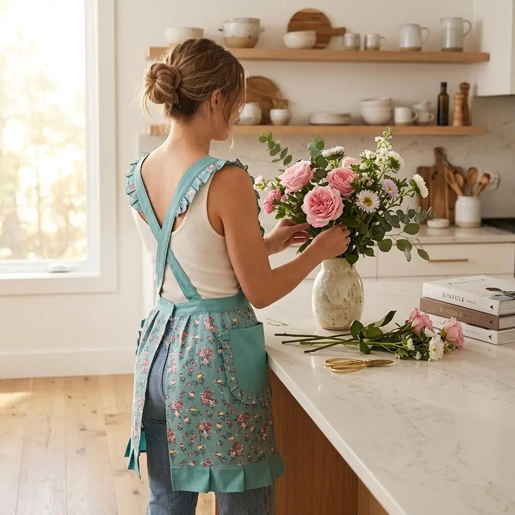Linen Patterned Kitchen Pinafore Pleated Hem Cute Cooking Apron Pastoral Ruffle Smock Minimalist Florist Garden Uniforms