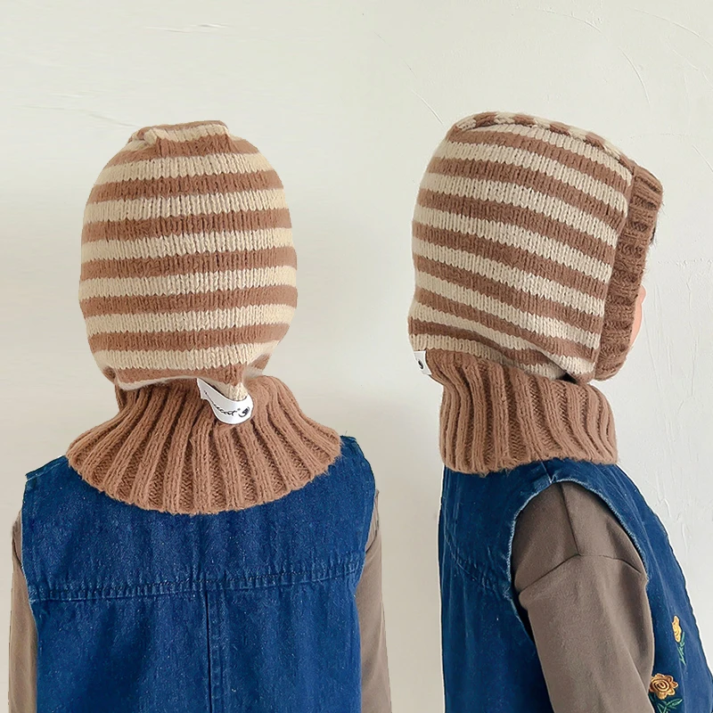 

Winter Kids Scarf One-Piece Hat Fashion Striped Knit Ear Protection Hats Children Balaclava Headgear 1-6year Baby Hooded Beanies