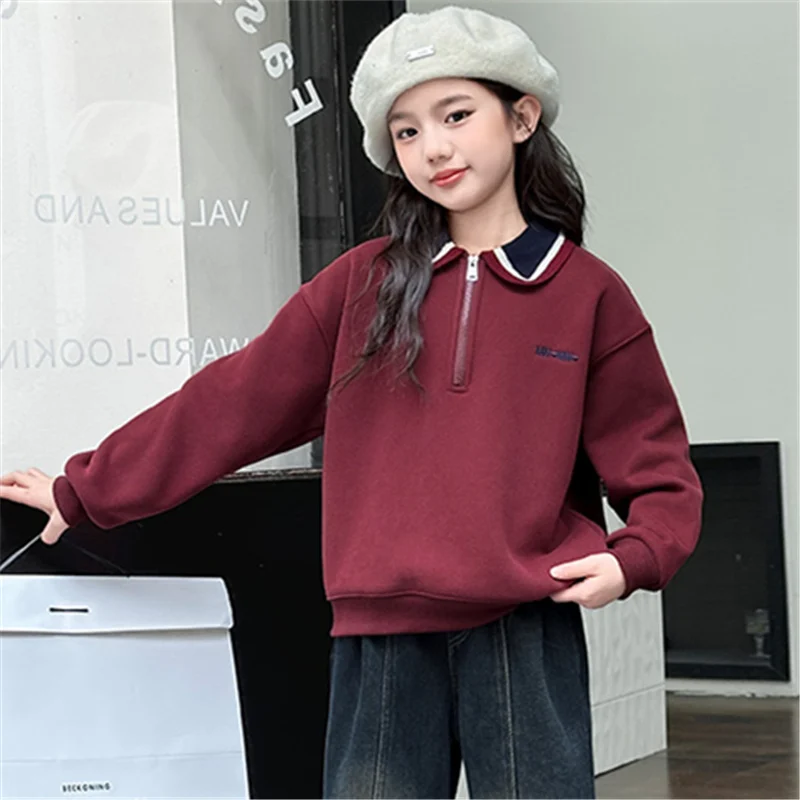 New Fashion Child Polo Sweatshirt with Zipper For Girls Long Sleeve Turn Down Collar T-shirt Kids Spring Autumn Cotton Outerwear