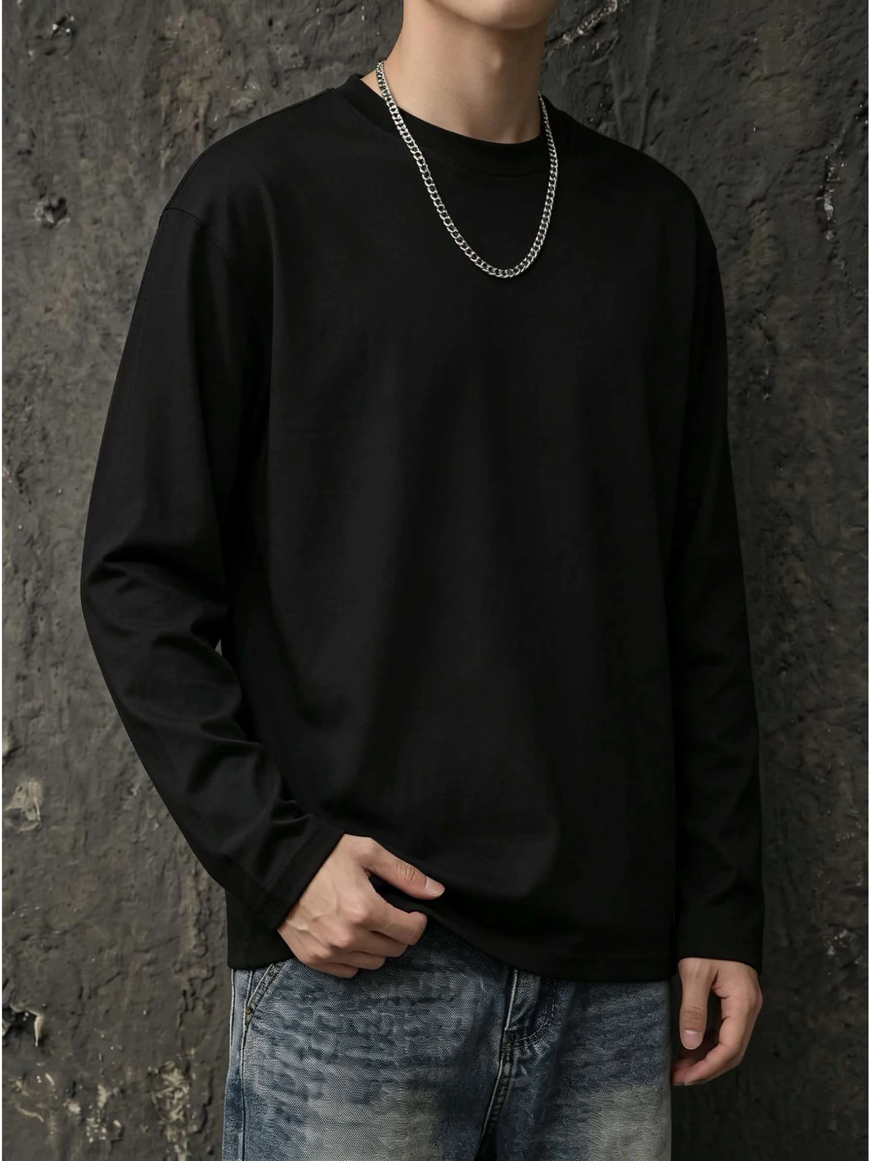 American Style Heavyweight Pure Cotton Long Sleeve T-Shirt Men's Clean Version Loose round Neck Basic Inner Wear Base Shirt