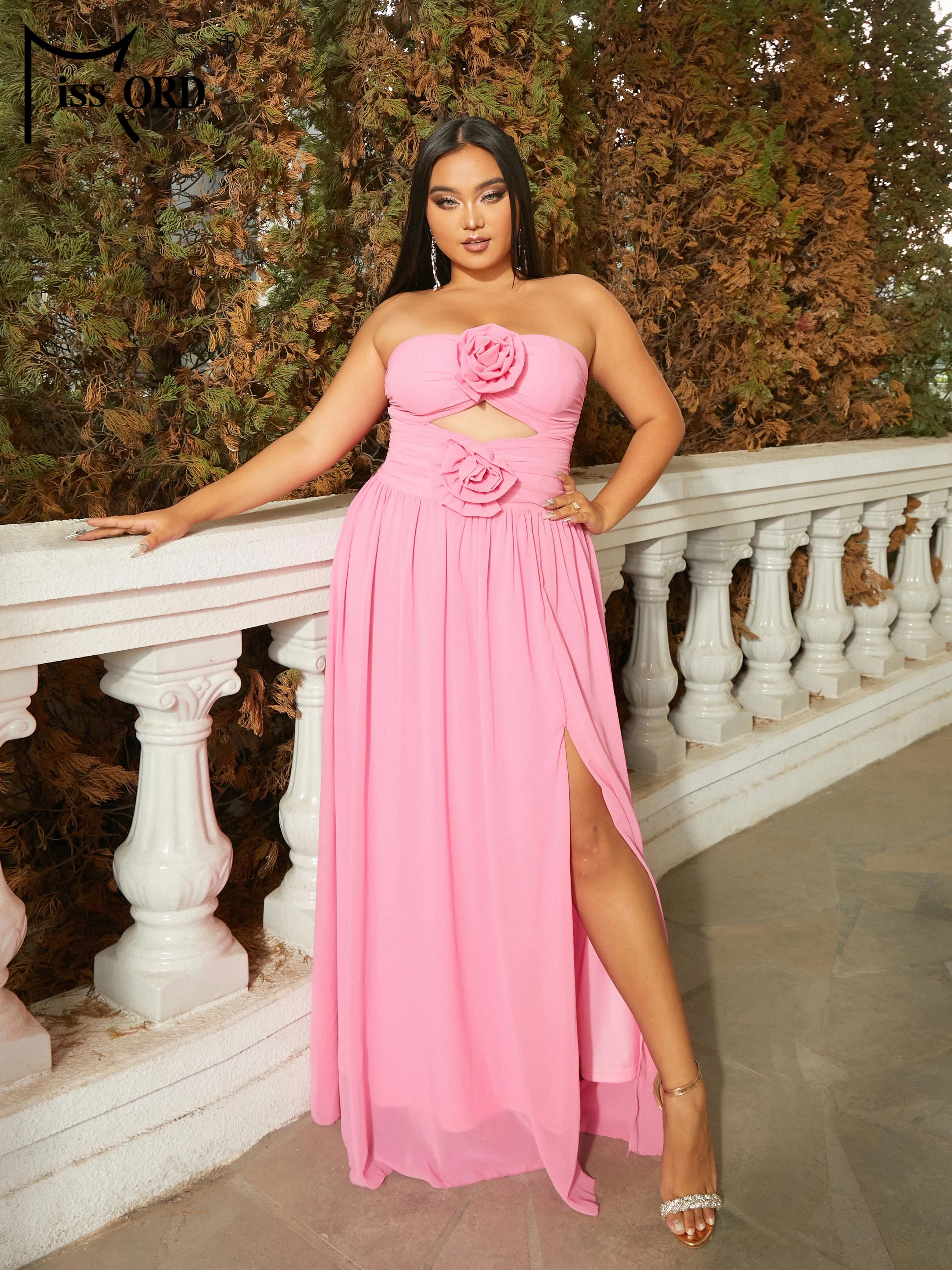 Missord New Plus Size Pink Elegant Party Dresses For Women Strapless Floral Split Evening Prom Dress