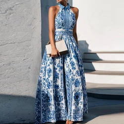 2024 Summer Blue Floral Print Party Dress Women's Lapel Hollow Out Sleeveless Holiday Dress Casual High Waist Swing Long Dresses