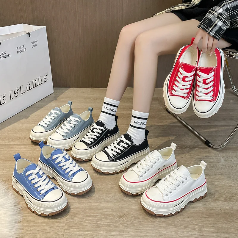 

Spring New Style Women's Canvas Sneakers Thick Bottom Casual Fashion Student Low Top Shoes Yangjing Brand Rubber Outsole