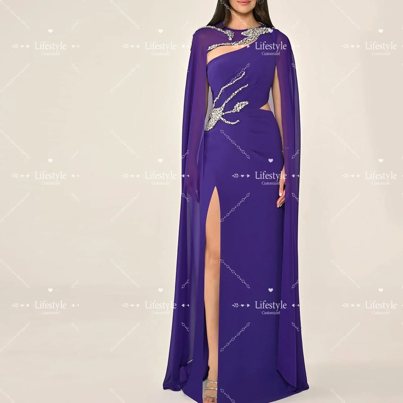 Customized Purple Straight Elegant Prom Dresses 2025 Beaded Chiffon Evening Dress Floor-Length Side Slit Formal Party