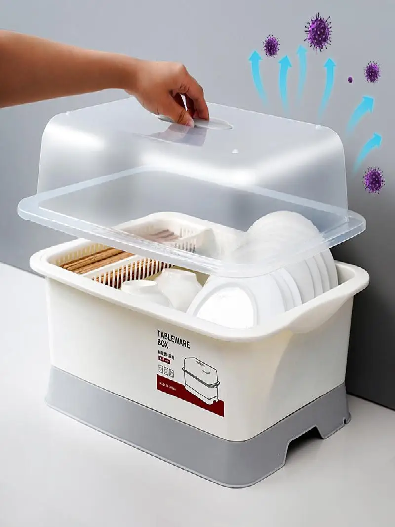 

Кухонная пластиковая двухъярусная подставка для посуды с крышкой, пригодная для мытья в посудомоечной машине, органайзер для столовых приборов, дренажная подставка, органайзер для шкафа