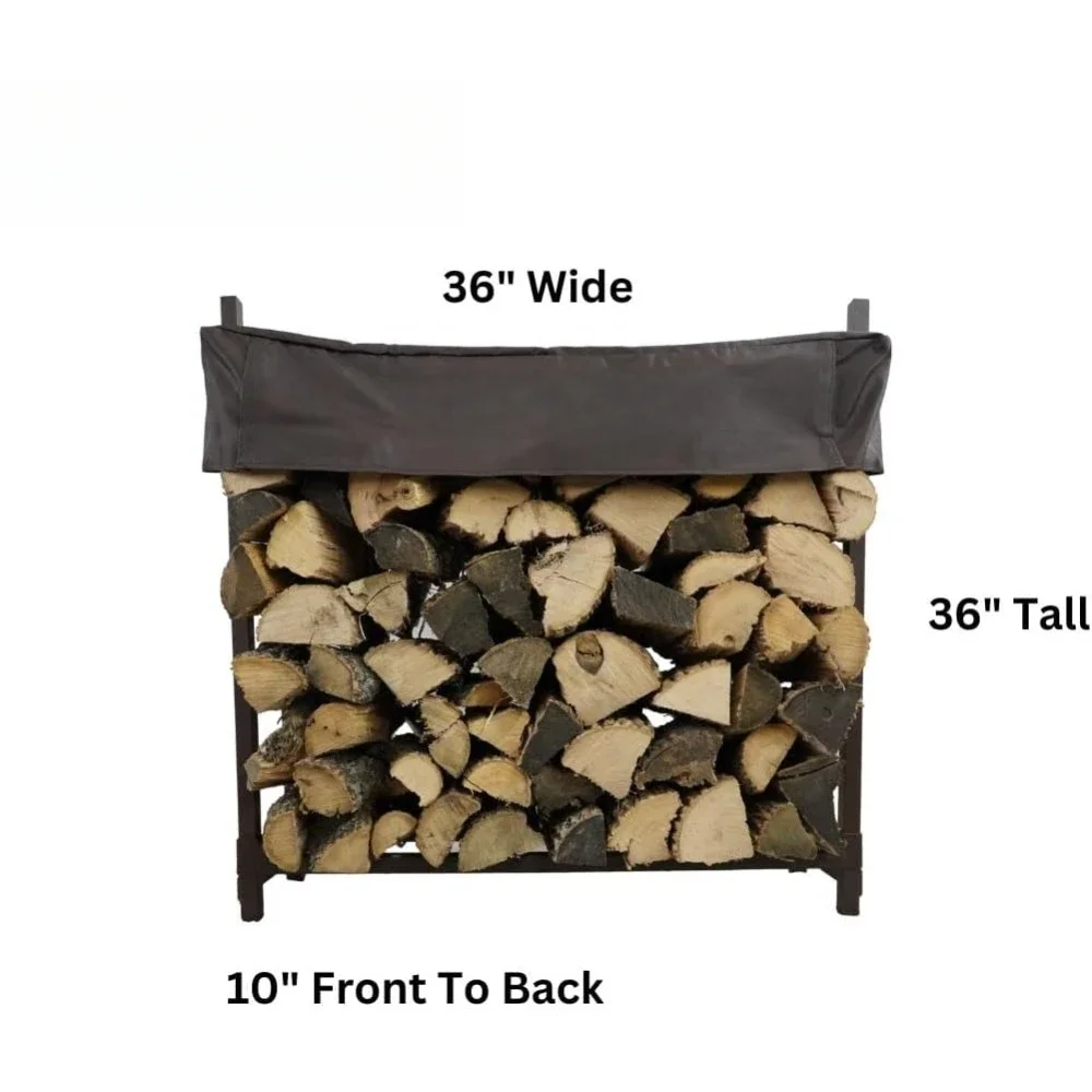 3 Foot Brown Firewood Rack With Cover - Metal Log Holder - Made In USA - Strong Powder Coat Finish , Indoor Outdoor Firewood