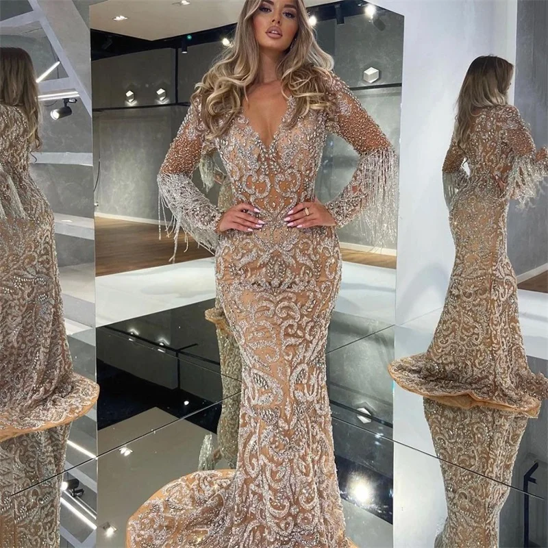 

Codiaeum Tassel Printing Women Prom Dress Deep-V Neck Long Sleeve Evening Skirt Hot New Fashion 2025 Mermaid Party Gown In Stock