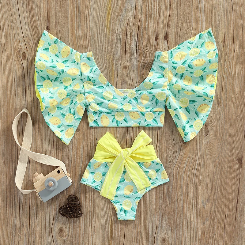 Tregren 1-6Years Kids Girls Bikinis Set Lemon Starfish Stripe Baggy Sleeve Swimsuit Summer Swimwear Bathing Suit Beachwear