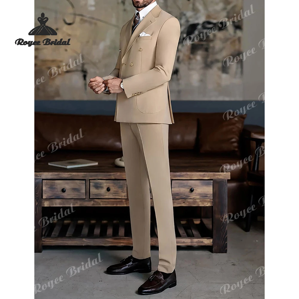 ชุดสูทผู้ชายสีกากีแบบสองชิ้น กระดุมสองแถว สำหรับงานแต่งงาน ปี 2026 ปกแหลม ชุดสูทสำหรับงานเลี้ยงกลางคืนและธุรกิจ  สามารถสั่งตัดได้