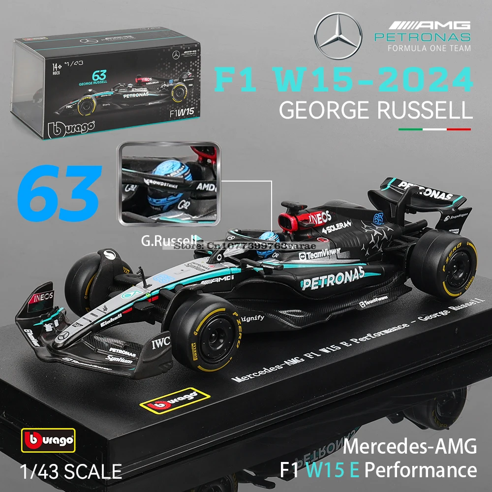 Bburago 1:43 Mercedes-AMG Petronas F1 Team W15 2024 #44 Hamilton #63 George Russell Alloy Car Die Cast Model Toy Collectible