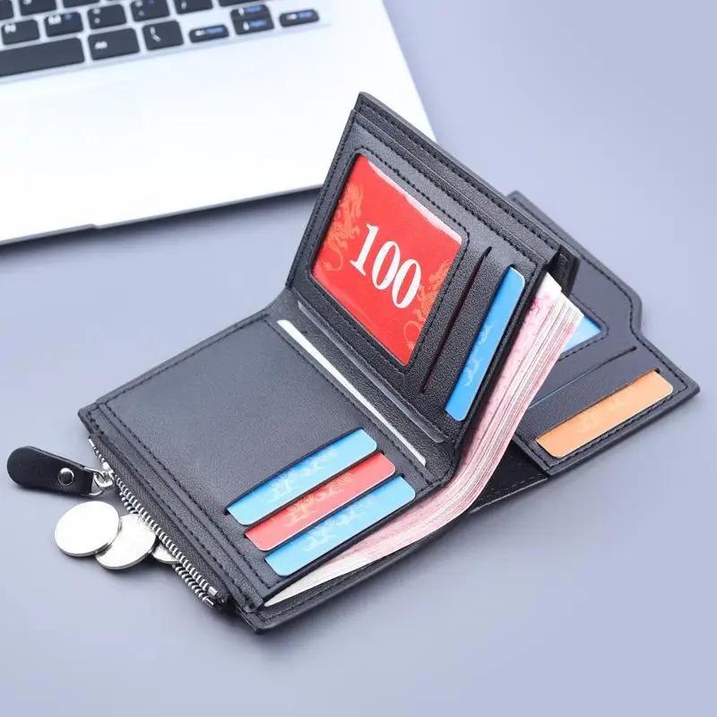 

Retro-Inspired Men's Short PU Leather Wallet, Three-Folded Wallet, Solid Color, Zippered Change Pouch