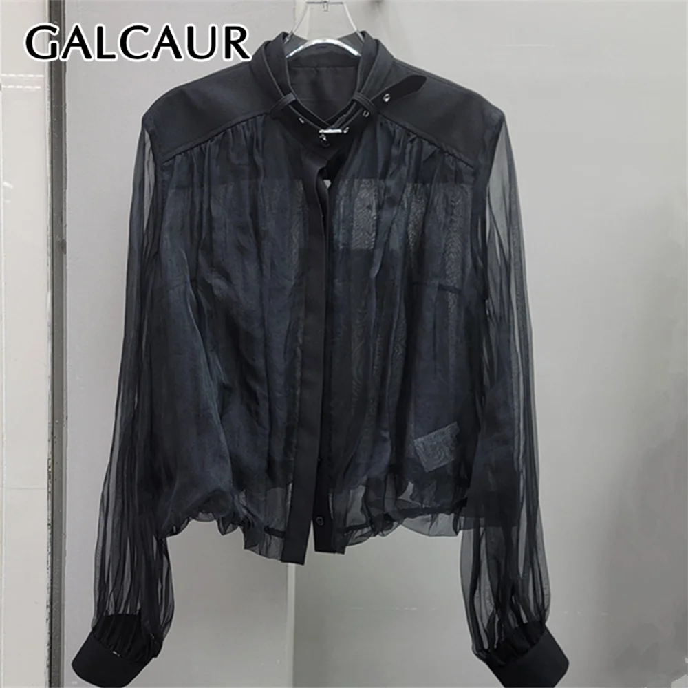 

GALCAUR Solid Slimming Spliced Sheer Blouse for Women Round Neck Long Sleeves Patchwork Single Buttons Top Female Fashion New