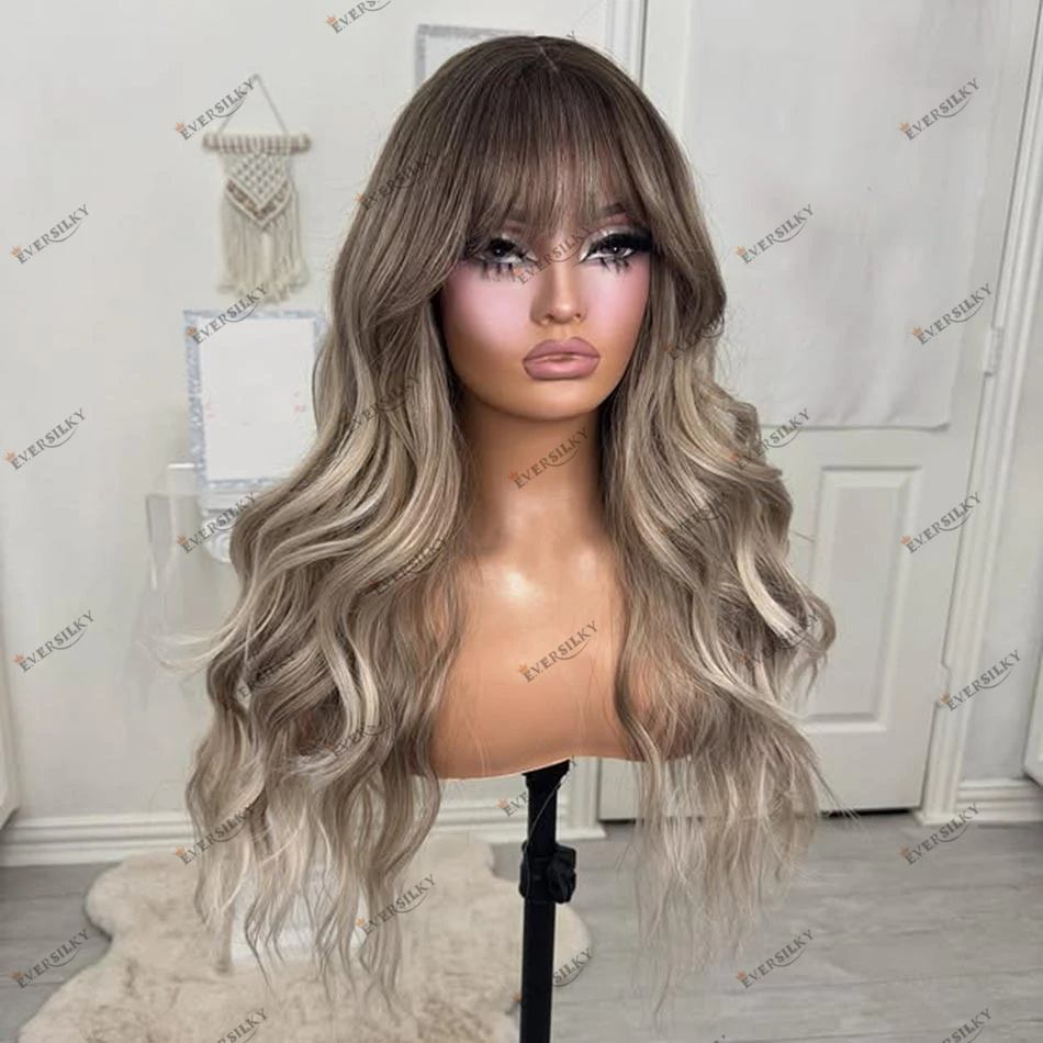 

Человеческие волосы Пепельно-коричневый блондин Волнистые парики спереди для женщин с челкой 13x6 Глубокий космос Натуральная линия волос Черный женский парик из волос Remy