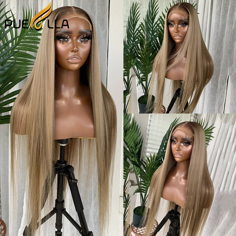 Perruque Lace Front Brésilienne Naturelle, Cheveux Lisses, Couleur Blond Ombré 13x6, Brun Transparent, 4 Tages