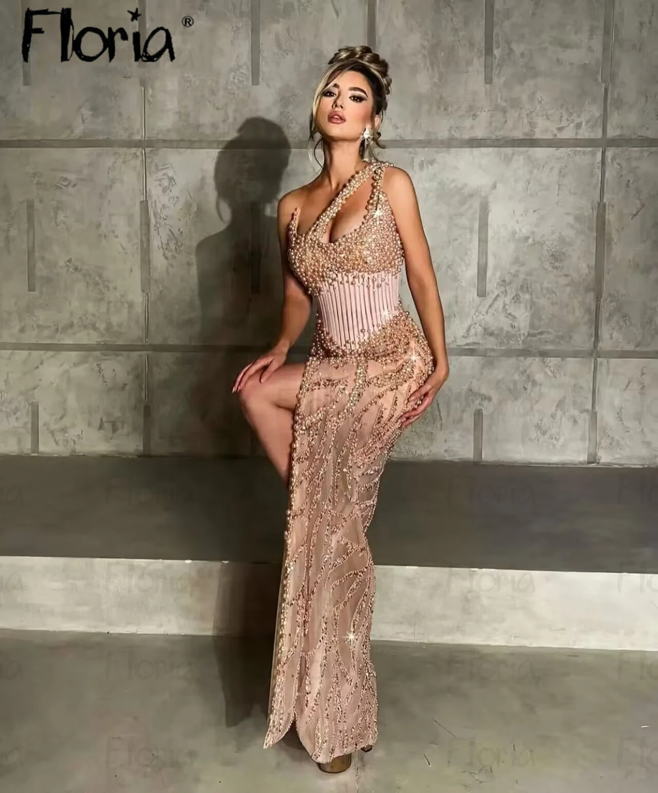 Chic Coral Pink Sequins Cocktail Dress High Split Side Women Prom Party Gowns Formal Occasion Dresses Dubai Robe Soirée Female