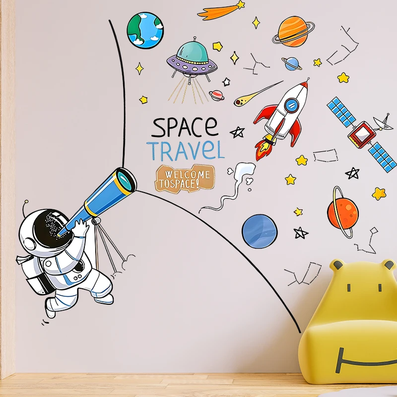 Cartoon Astronaut Rocket Satellite Planet Wall Stickers For Home Decoration Kids Bedroom Mural Art Pvc Decals Diy Space Posters