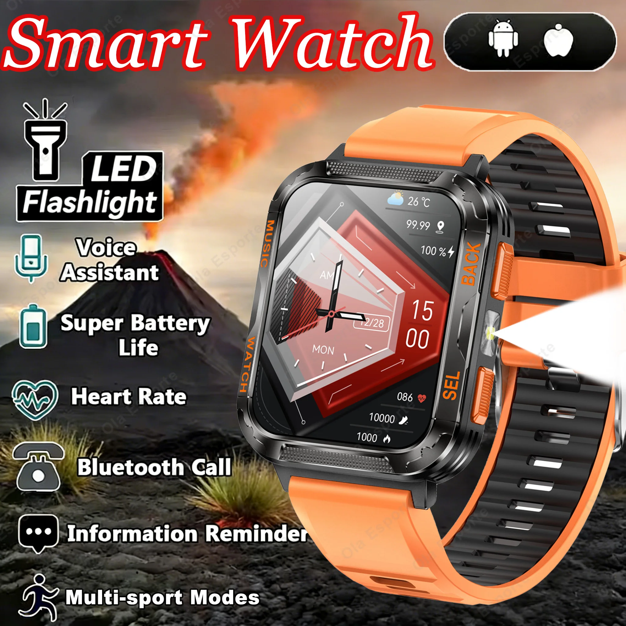 

Outdoor Military Smart Watch 600mAh Super Long Battery Life LED Flashlight Heart Rate Monitoring Multi-sport Modes Smartwatch