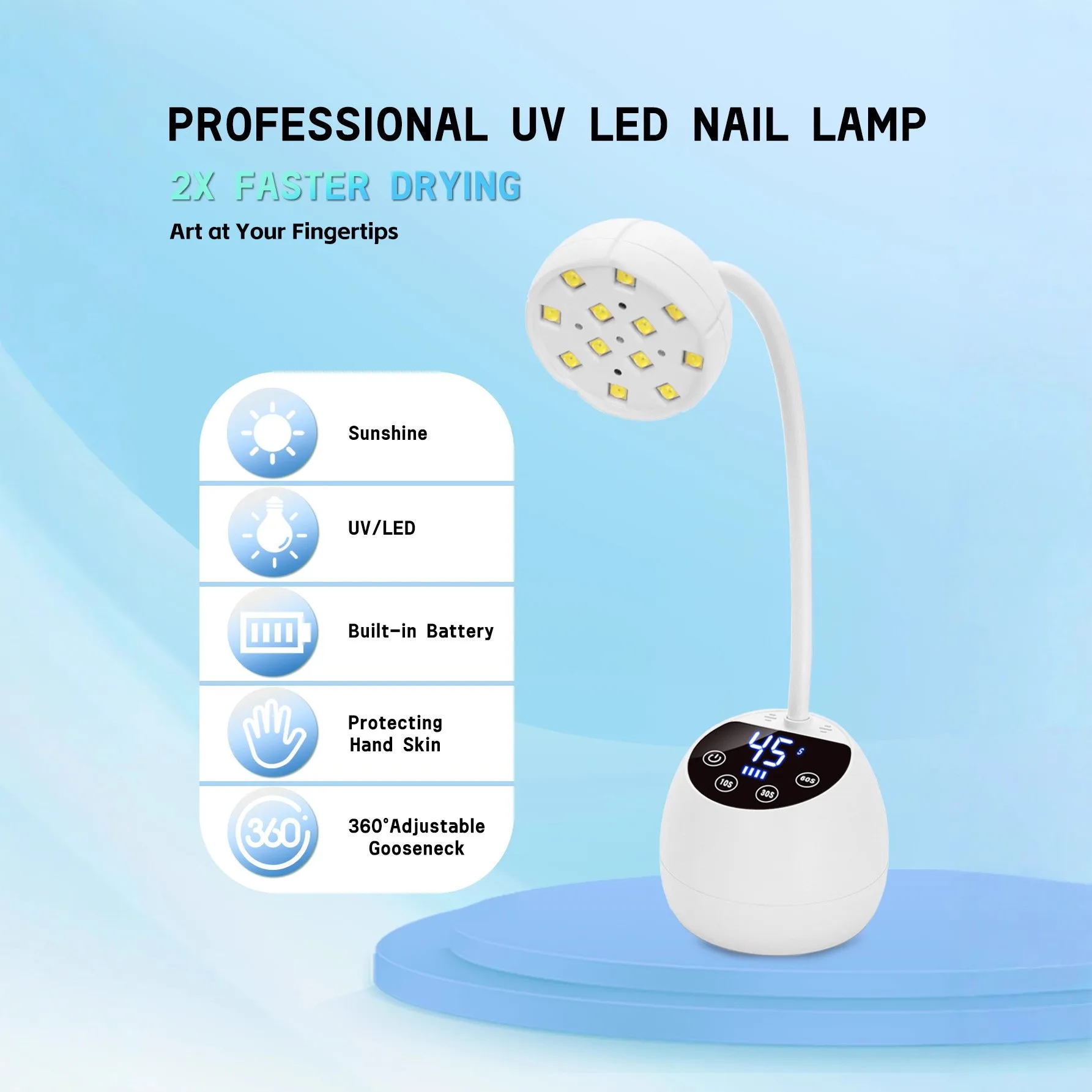 배터리형 데스크탑 지능형 네일 램프, 지능형 유도 360도 굽힘, 10초/30초/60초 선택, 자유 선택, 홈 네일 아트.
