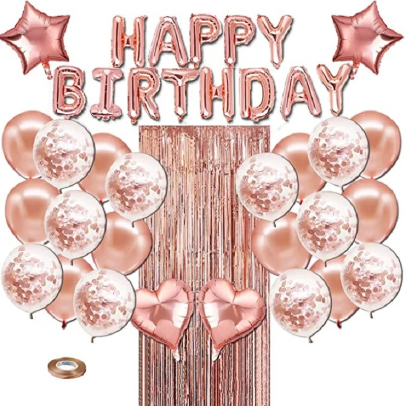 26-teiliges Buchstaben-Ballon-Set aus Roségold „Happy Birthday“ mit Regenkonfetti, Geburtstagsfeier-Dekorationszubehör, Feier-Dekorationen
