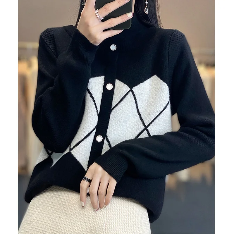 

Вязаный свитер с высоким воротником, цветной, с ромбовидным узором, базовый слой, мягкий, для повседневной носки, свободный крой, длинный рукав