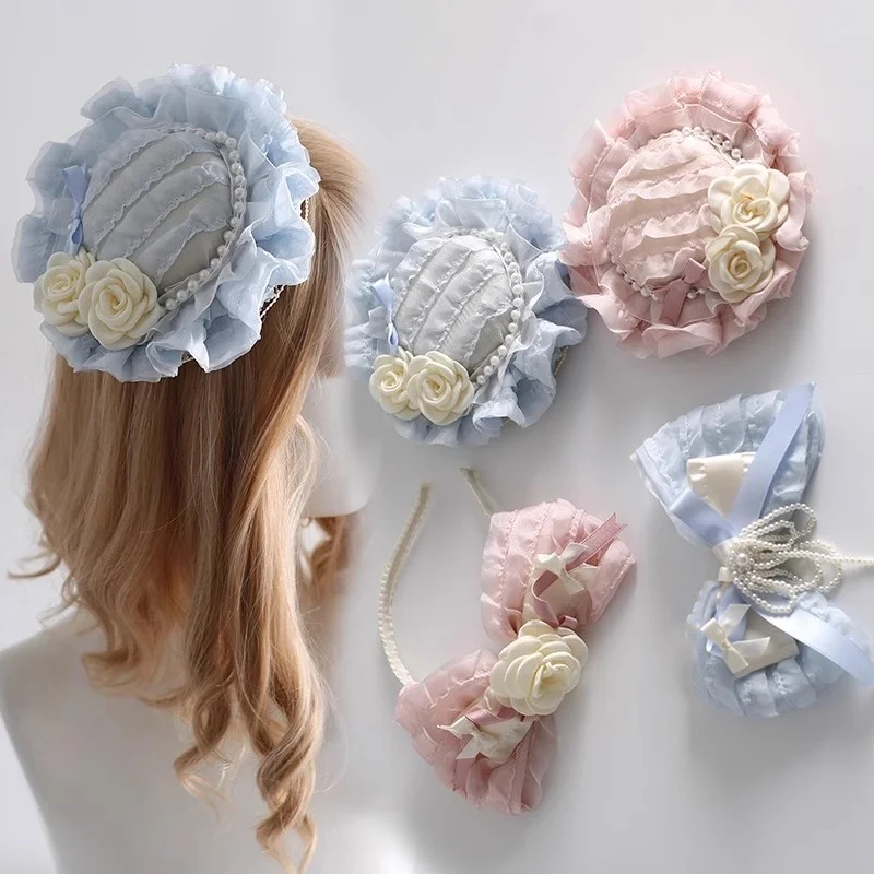 

New Original Blue Lace Elegant Spring Cake Pink Little Hat Sweet Pearl Bow Hair Clip Headband Gothic KC Hair Accessory