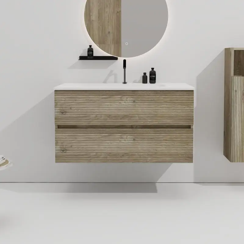 36" Wall Mounted Rough Oak Bathroom Vanity with Integrated Ceramic Sink and Overflow, Spacious Floating Vanity for Modern
