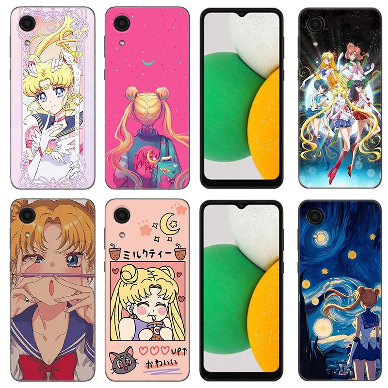 Cute S-Sailor Moon Black Silicone Phone Case For Samsung Galaxy A01 A03 Core A04 E A02 A05 A10 A20 A21 A30 A50 S A6 A8 + A7 2018