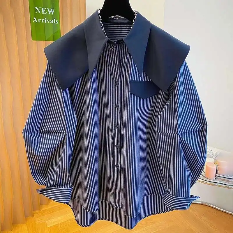 

Striped Patchwork Sailor Collar Design Women High Street Style Blouses Long Sleeve Versatile Blue Shirt Spring