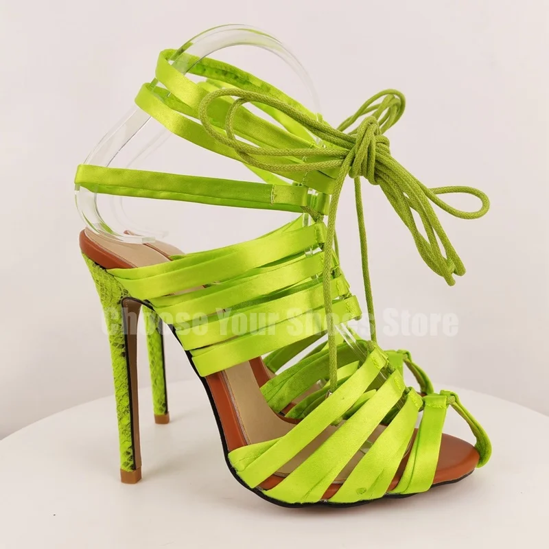 

Green Silk Hollow Design Open Toe Sandals Lace Up Women Shoes Thin High Heels Novel Party Feast Dating 2025 Zapatos Para Mujere