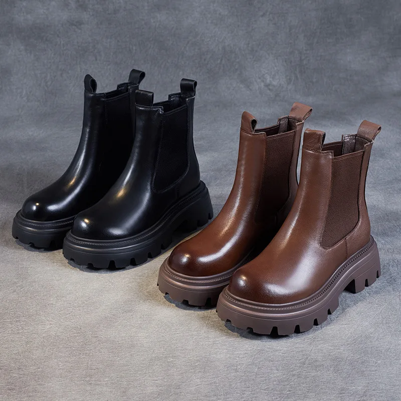2025 5.5 سنتيمتر جلد طبيعي تشيلسي الربيع حذاء بكعب سميك منصة إسفين الخريف الأخفاف النساء جولة تو حذاء من الجلد الأحذية العرقية