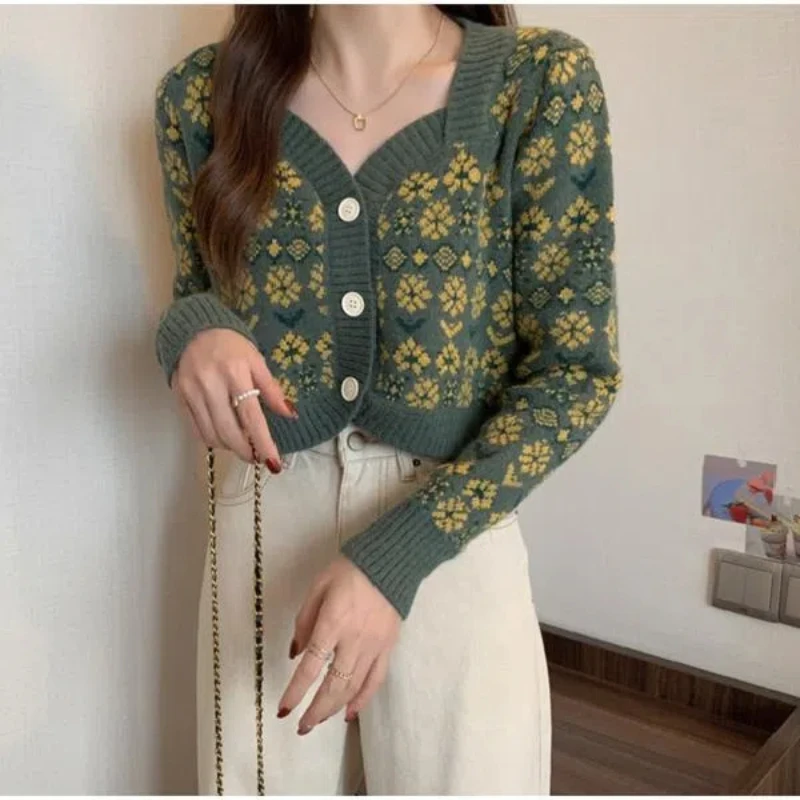 

Vintage Green Flower Short Sweaters Spring Autumn New Lazy Style Knitting Youth Trend Cardigan Tops Fashion Sweet Women Clothing