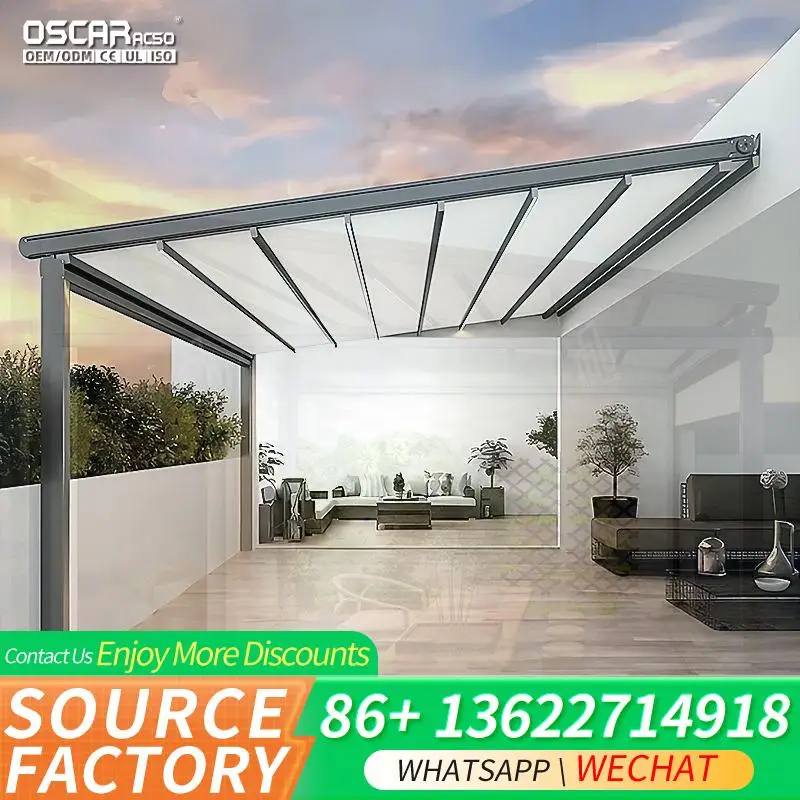 Outdoor Waterproof Automatic Retractable PVC Awning with LED Lights Glass Sliding Doors for Garden Patio Balcony Retractable Can