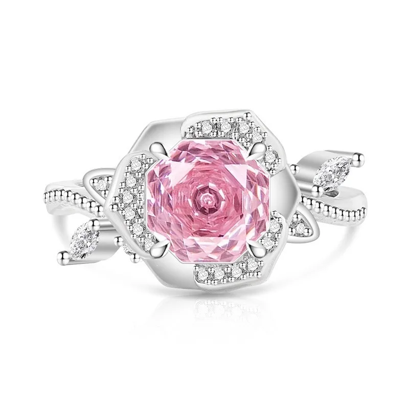Rose Cut High Carbon Diamond 925 Sterling Silver Ring Rose Shape Design Sense Charm Lover Jewelry
