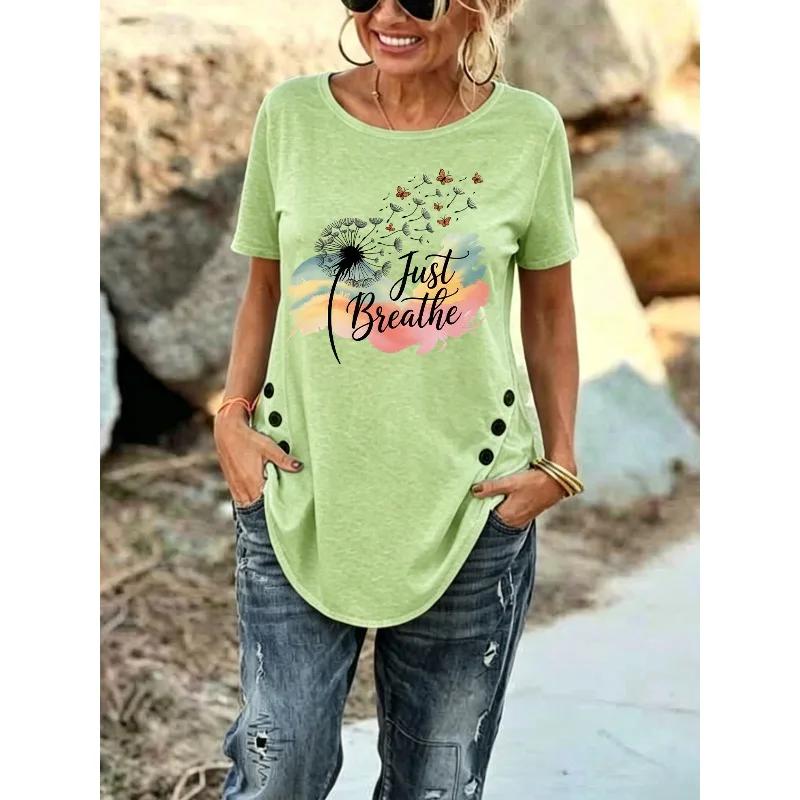 ilstile Women's Just Breathe Print T-Shirts Summer Short Sleeve Casual Loose Round Neck Tops Tees New Arrival