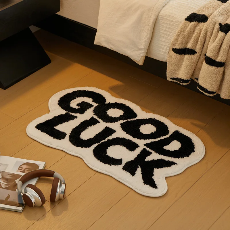 Black And White Good Luck Letter Carpet Tufted Rugs Anti-Slip Bathroom for Living Room Doormat Entrance Foot Mat Home Decor