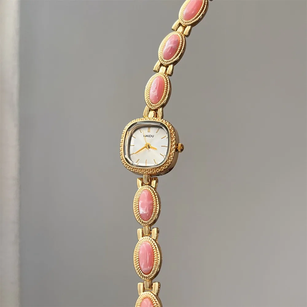 Vintage Colored Gemstones Ladies Watch Elegant Square Dial Wristwatch Gift Luxury Quartz Watch for Women