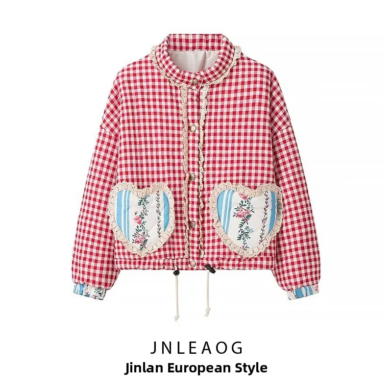 JNLEAOG 新しい女性のカジュアルスタイルのチェック柄コットンジャケットコートデザインセンスファッションマッチオールポリエステル生地スタンダードフィットレディース