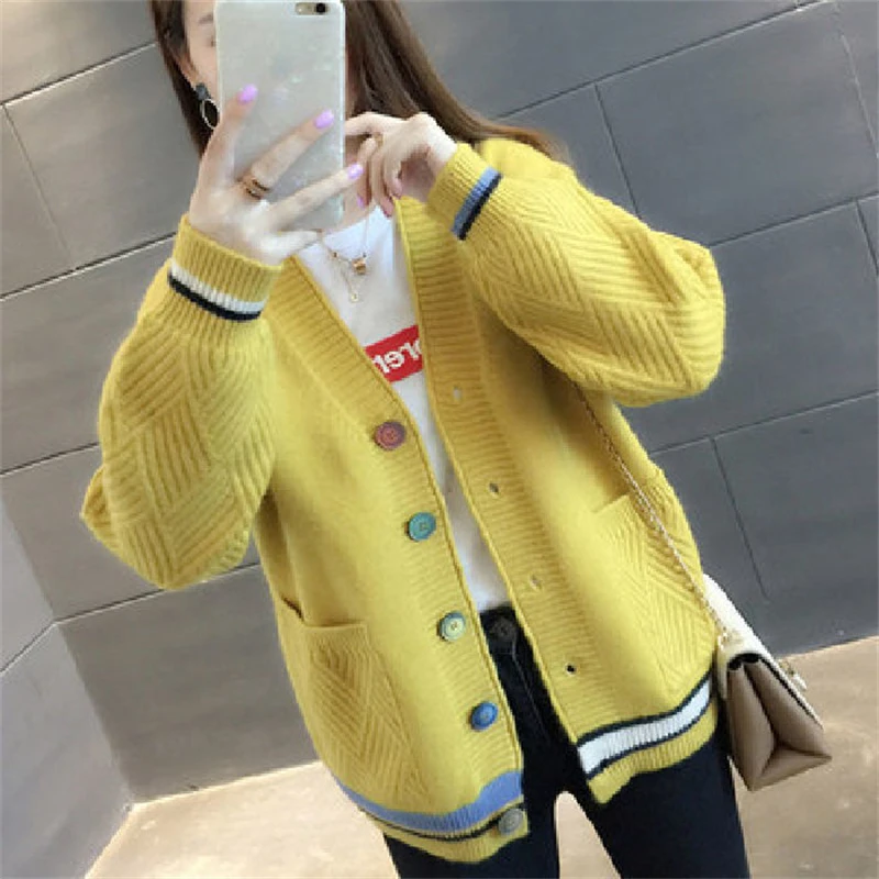 Women\'s Korean Casual Streetwear Y2K Pockets Button Knitted Cardigan Autumn Winter Trendy Chic V Neck Long Sleeve Sweater Coats