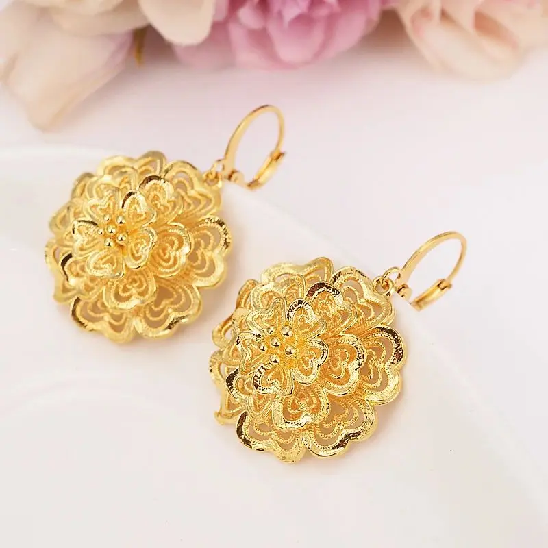 african Arab Dubai flower Earrings Gold Color Jewelry Ancient Coins Vintage Accessory for Women Girls kids party jewelry gift