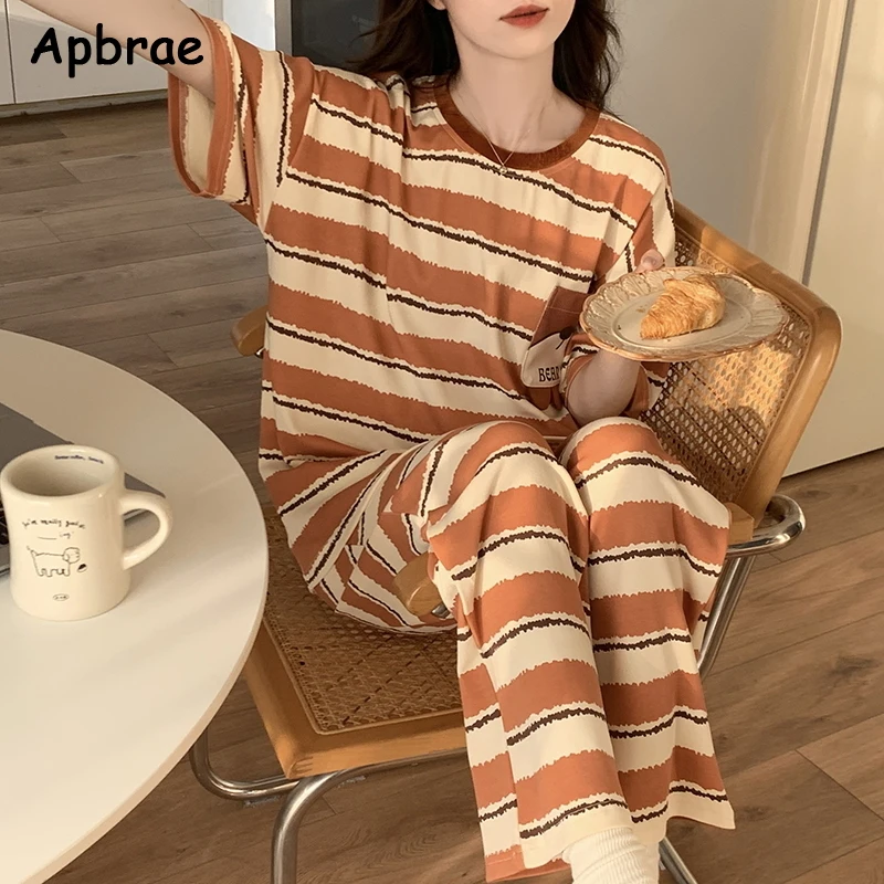 Cute Bear Print Pajamas for Women Fashion Soft Pajama Sets Short Sleeves Long Pants Cartoon Pijamas Round Collar Sleepwear