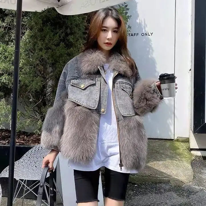 2024 New Winter Faux Fox Hair Splice Jean Jacket All In One Women\'s Casual Coat  Fur Slim Medium Length  B21