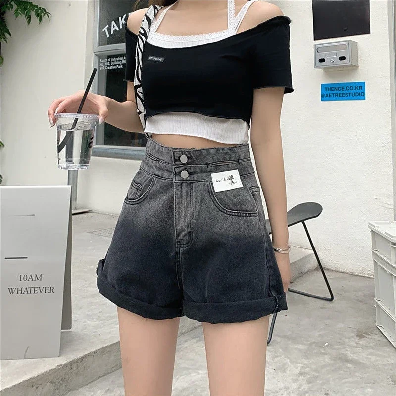 

With Waist Pocket Gradient Color Women's Denim Shorts Stretchy Trend 2025 Hot Design Kpop XL Female Short Jeans Pants Wholesale