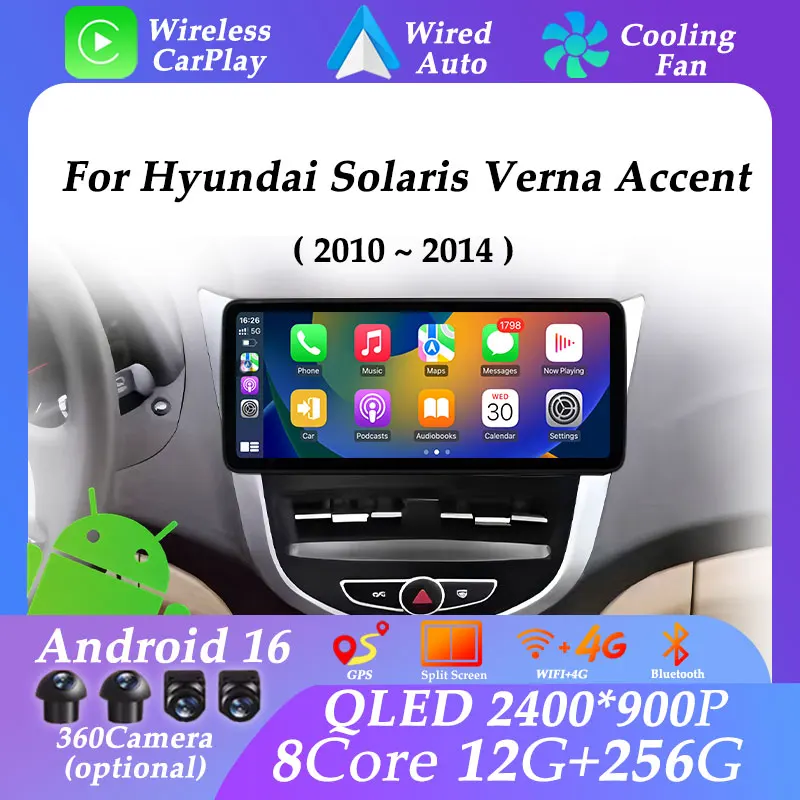 Android 16 for Hyundai Solaris Verna Accent 2010 - 2014 UItra-thin Screen 12.3 inch Carplay Multimedia Player GPS Navi WIFI DSP