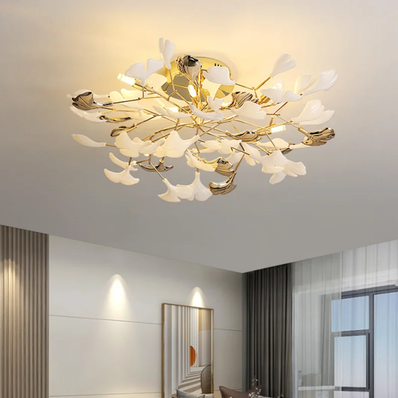 Lampadario di lusso con foglie di ginkgo Lampadari da soffitto per grandi hall dell'hotel Villa soggiorno sala da pranzo Lampada a sospensione per decorazioni per la casa con foglie creative
