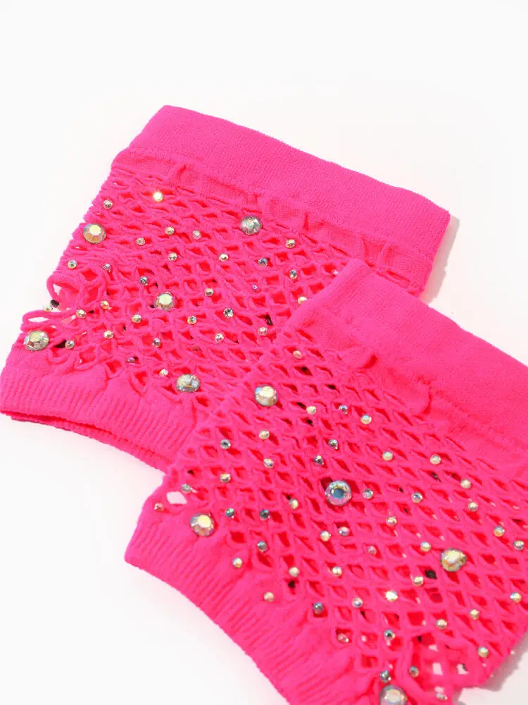 Gants courts incrustés de diamants pour femmes et filles, demi-doigt, filet de pêche d'été, gants creux, gants en maille Sexy