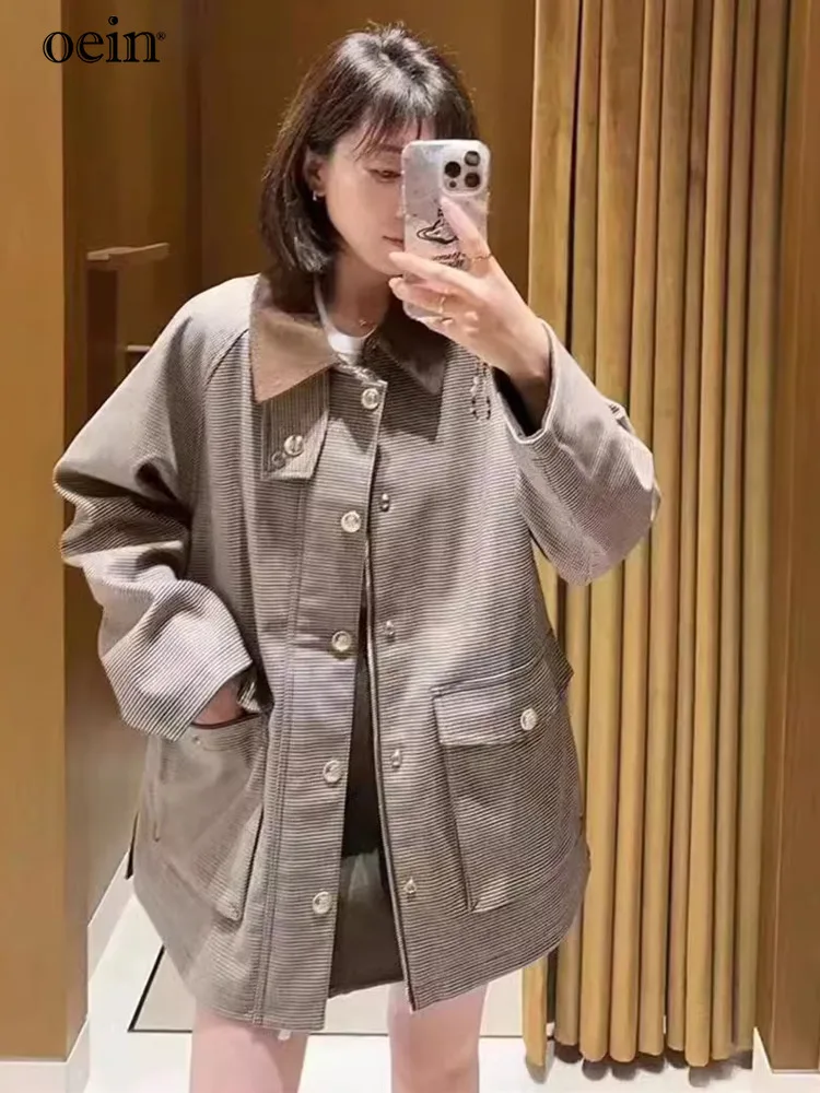 [oein] French Style Niche 2024 Winter New Women's Casual Plaid Contrasting Color Lapel Loose Cotton Jacket