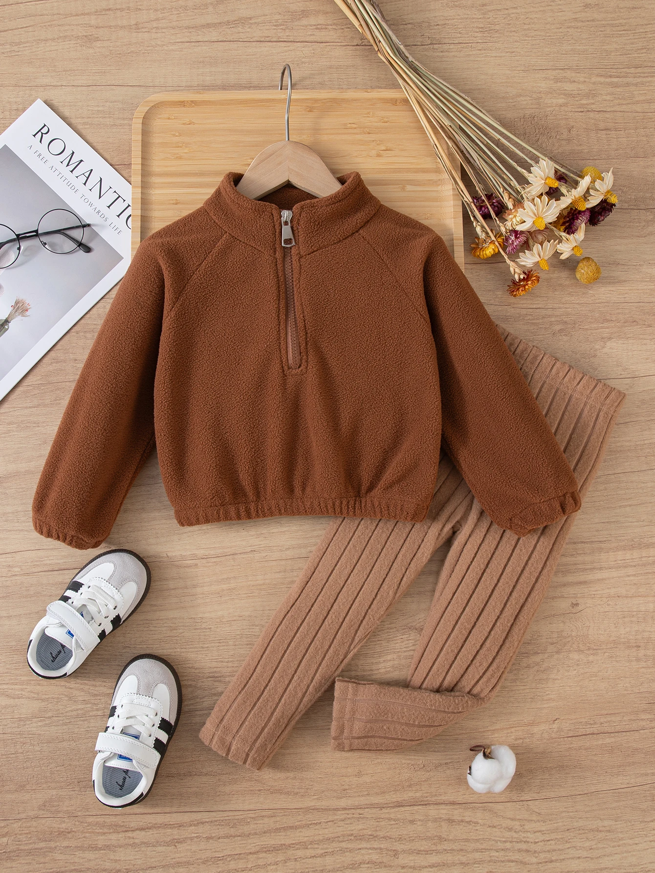 Girls Fleece 2Pcs Set Kids Winter Warm Tracksuit Velvet Hoodie & Knitted Pants Set 3-8Y Casual Outfit Vacation Travel Party Wear