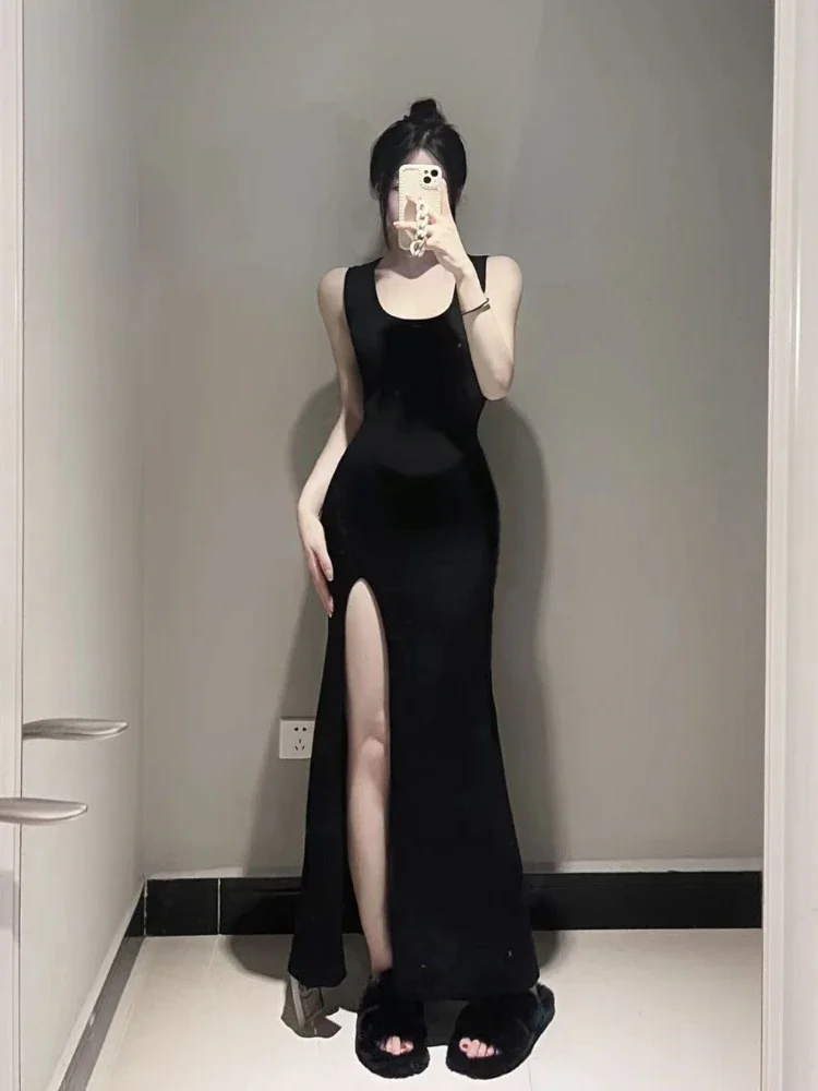 Black Dress Women Spaghetti Straps Party Wear Hotsweet Club Style Fashion Korean Summer Inside Simple Side-slit Sheath Design